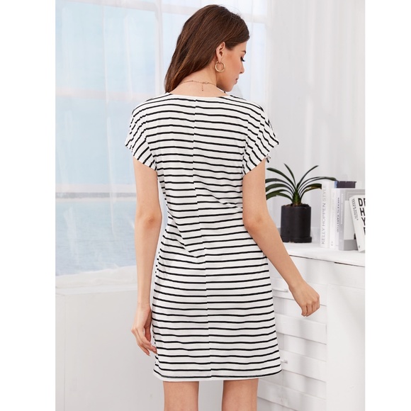 Striped Casual Mini Dress, Belted Front - Picture 3 of 7